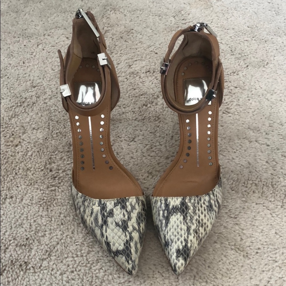 Strappy snakeskin ankle heels